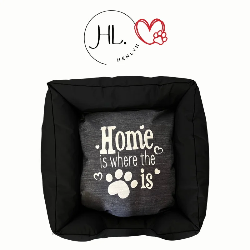 Canvas Square Dog Bed with Cute Saying, Black with Piping – Durable Pet Bed for Medium to Extra Large Dogs