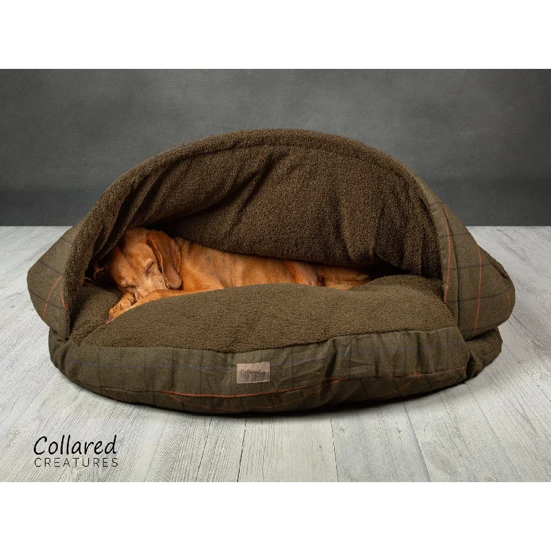 Collared Creatures - Green Tweed Cave Luxury Dog Bed