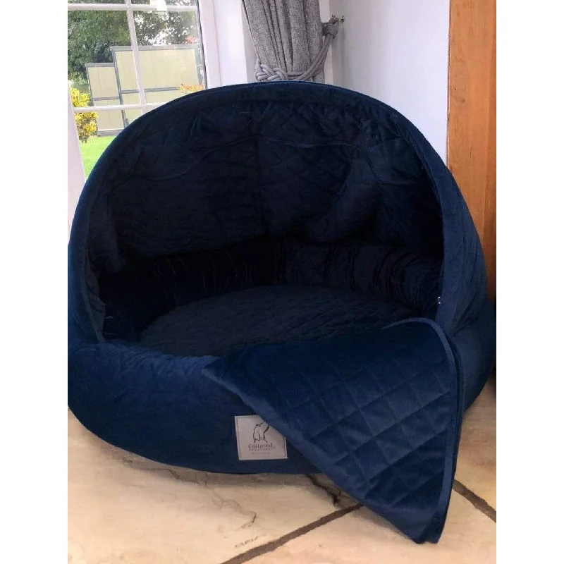 Collared Creatures Sapphire Blue Quilted Velour Deluxe Comfort Cocoon Dog Cave Bed