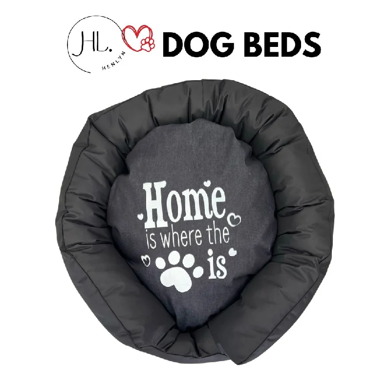 Large Round Canvas Dog Bed with Cute Saying Cushion – Durable & Comfortable Pet Bed