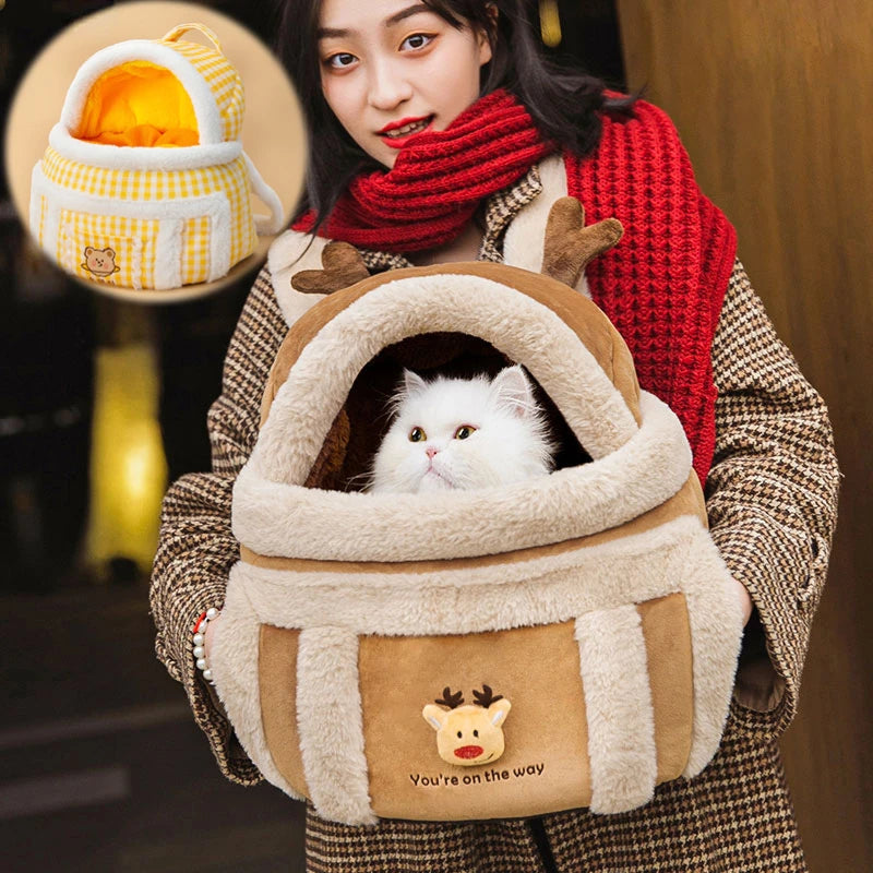 Pet Carrier Bag Winter Warm Cat Carrier Backpack Portable Travel Puppy Cat Double Shoulder Pets Head Come Out Bag