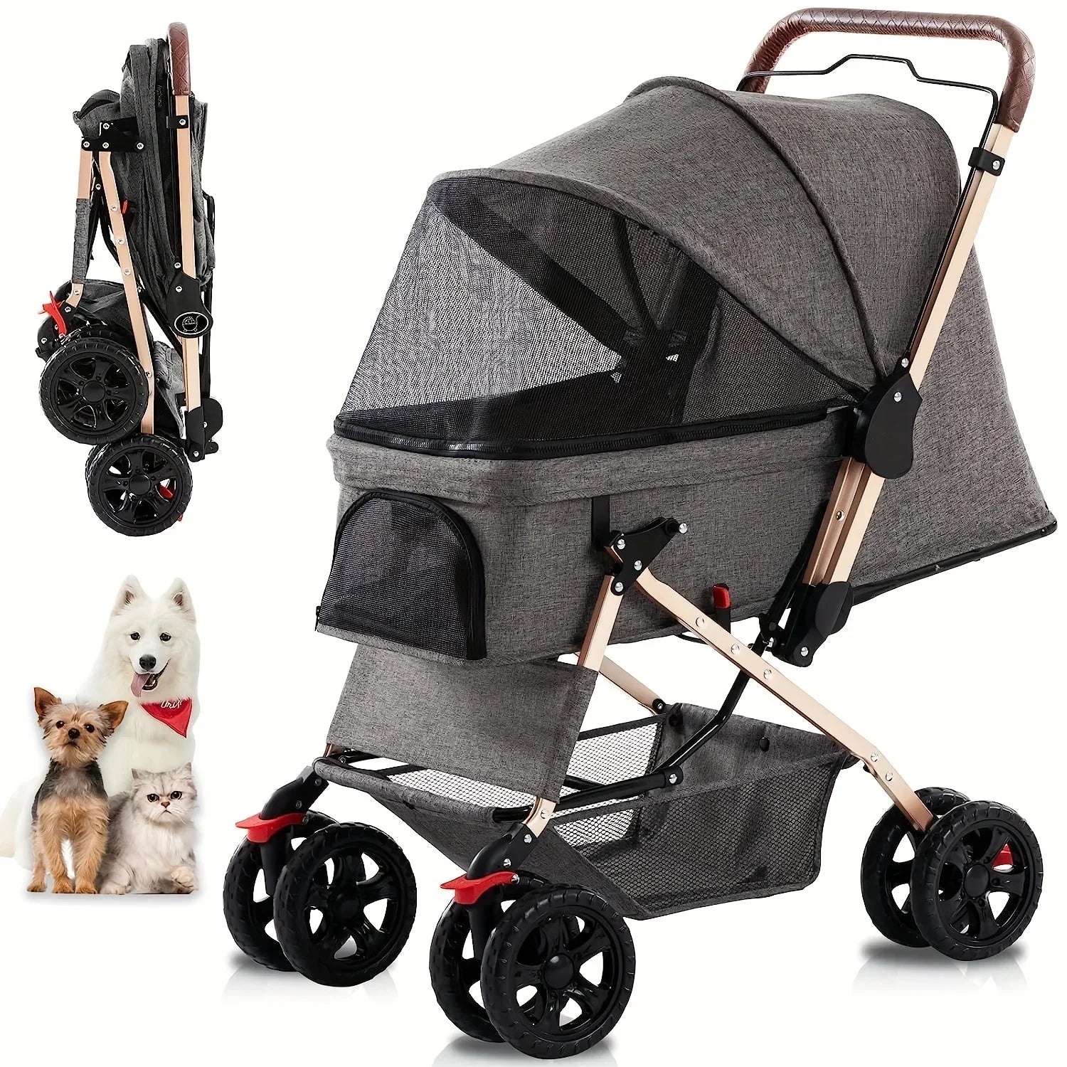 Pet Stroller for Cats and Dogs | Four Wheels Carrier Strolling Cart with Weather Cover | Storage Basket for Small and Medium Dogs | Alo Trendy