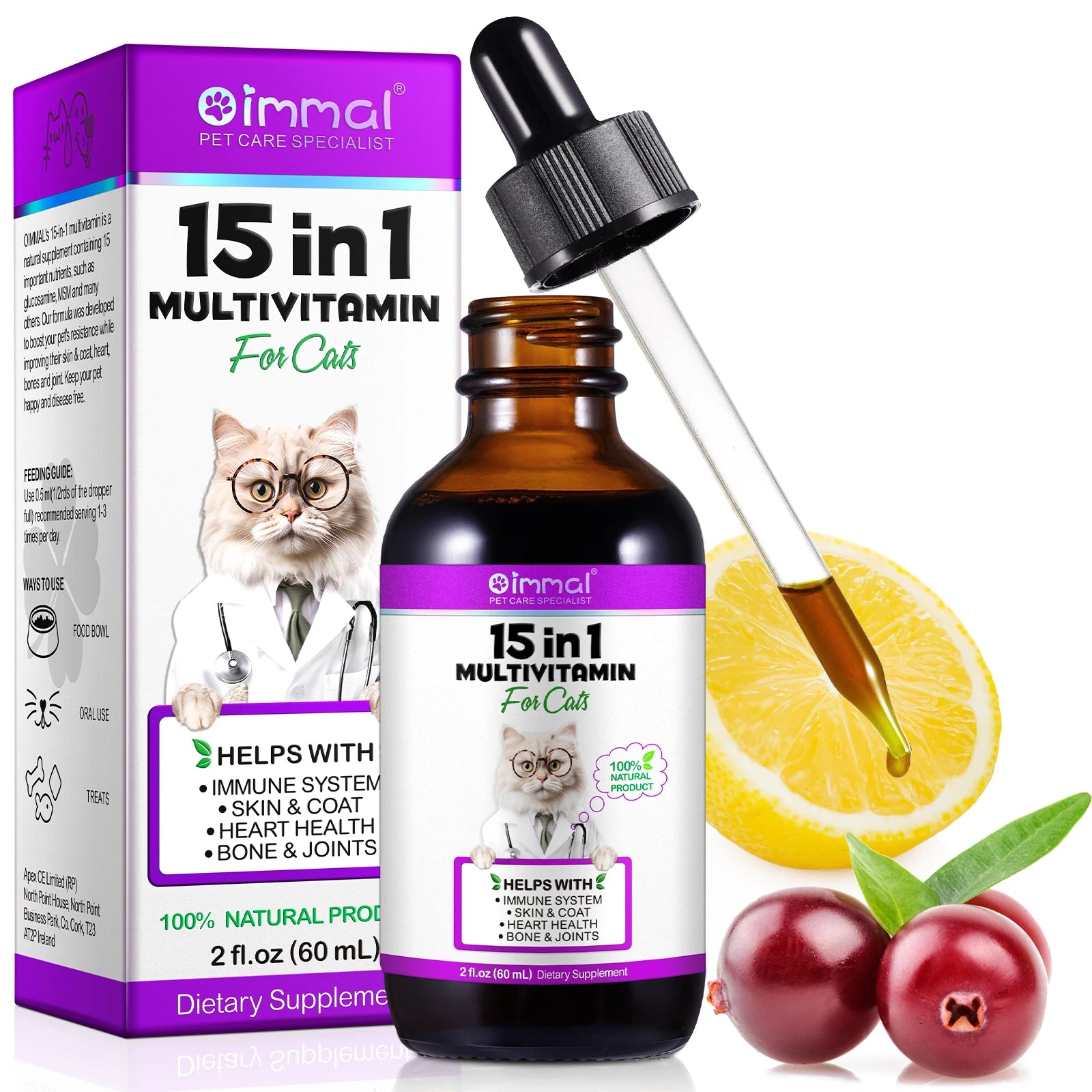 15-in-1 Cat Vitamins and Supplements Liquid Drops contains only herbal ingredients Active Coat Skin Boosting immunity Joints Hip