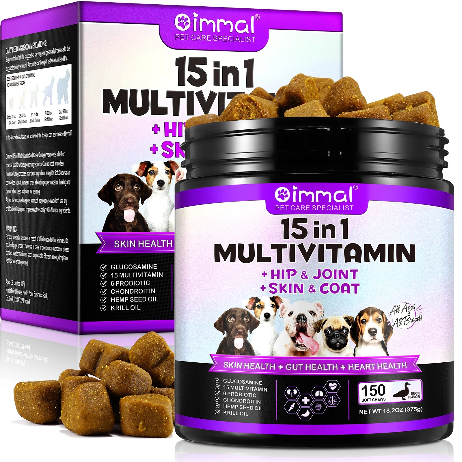 15-in-1 Multivitamin Supplements 150 Chews Hip & Joint Support, Skin  Gut Heart Health with Duck Flavor Suit for All Dogs