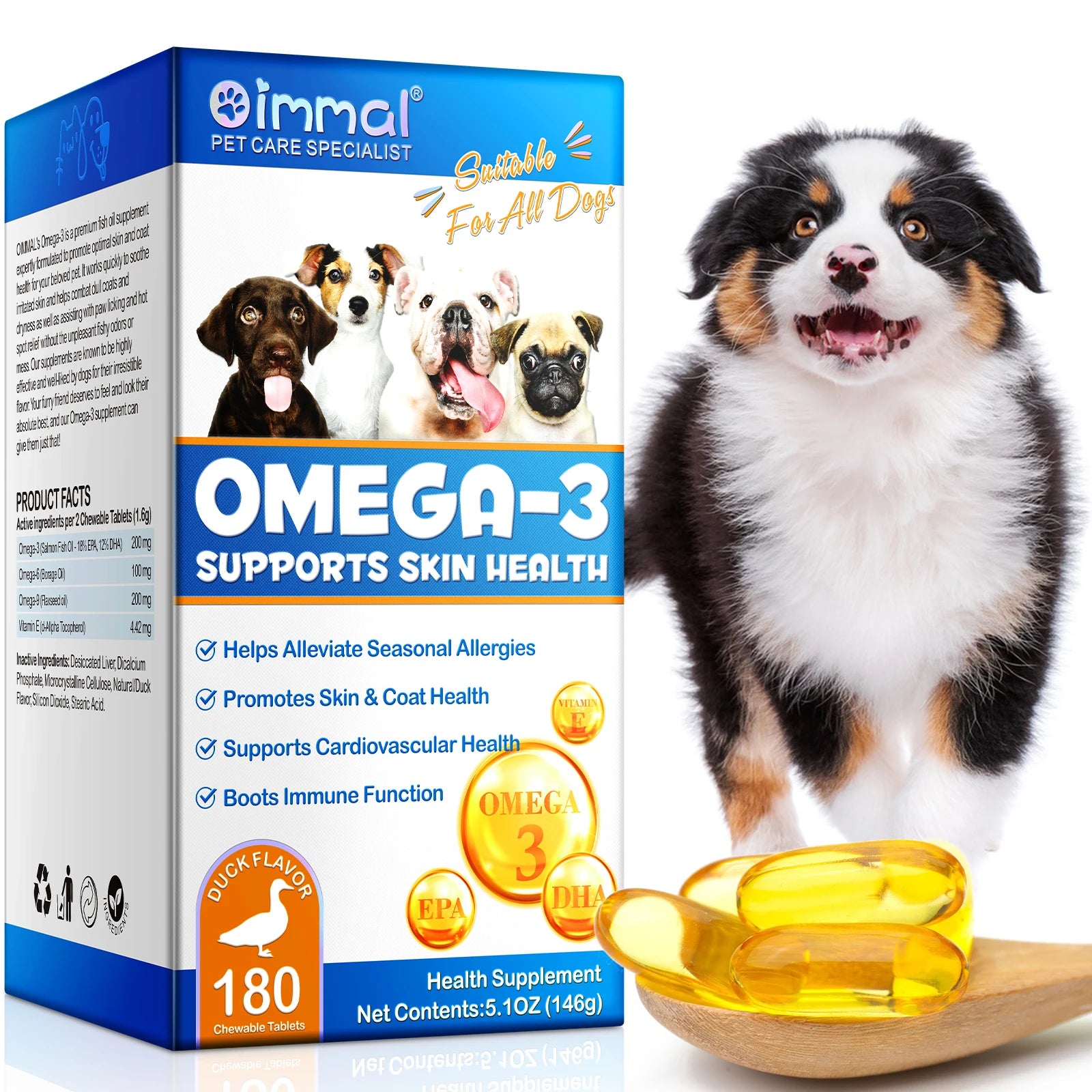 OMEGA-3 Health Supplement Suit for Dogs Cats Help Alleviate Seasonal Allergies Promotes Skin & Coat Health Boots Immune Function