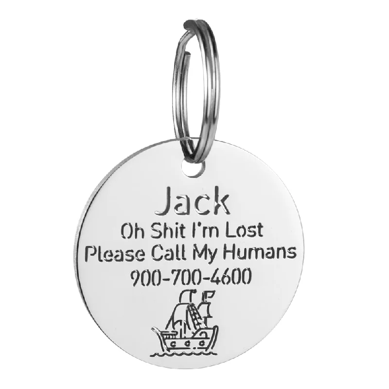 Round Dog ID Tag With Pirate Ship Icon