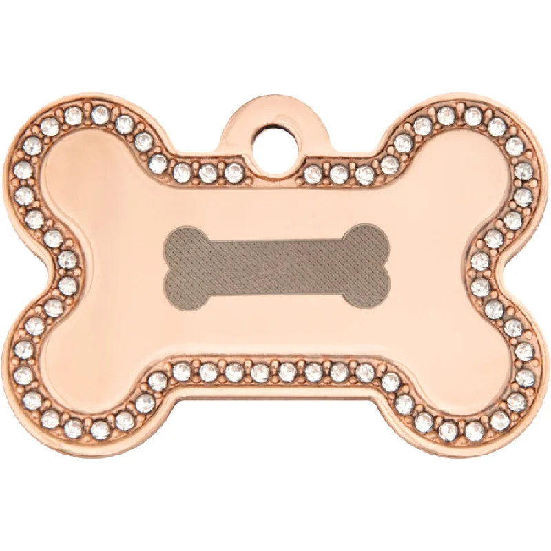 Rose Gold Dog Tag with Bone and Clear Crystals